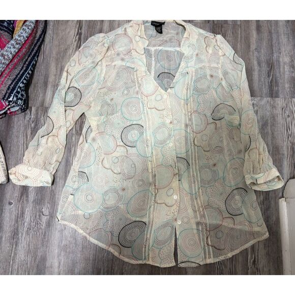 Lane Bryant Blouse 14/16 Cream Sheer Multicolor Print 3/4 Sleeve Business Casual - Picture 5 of 9